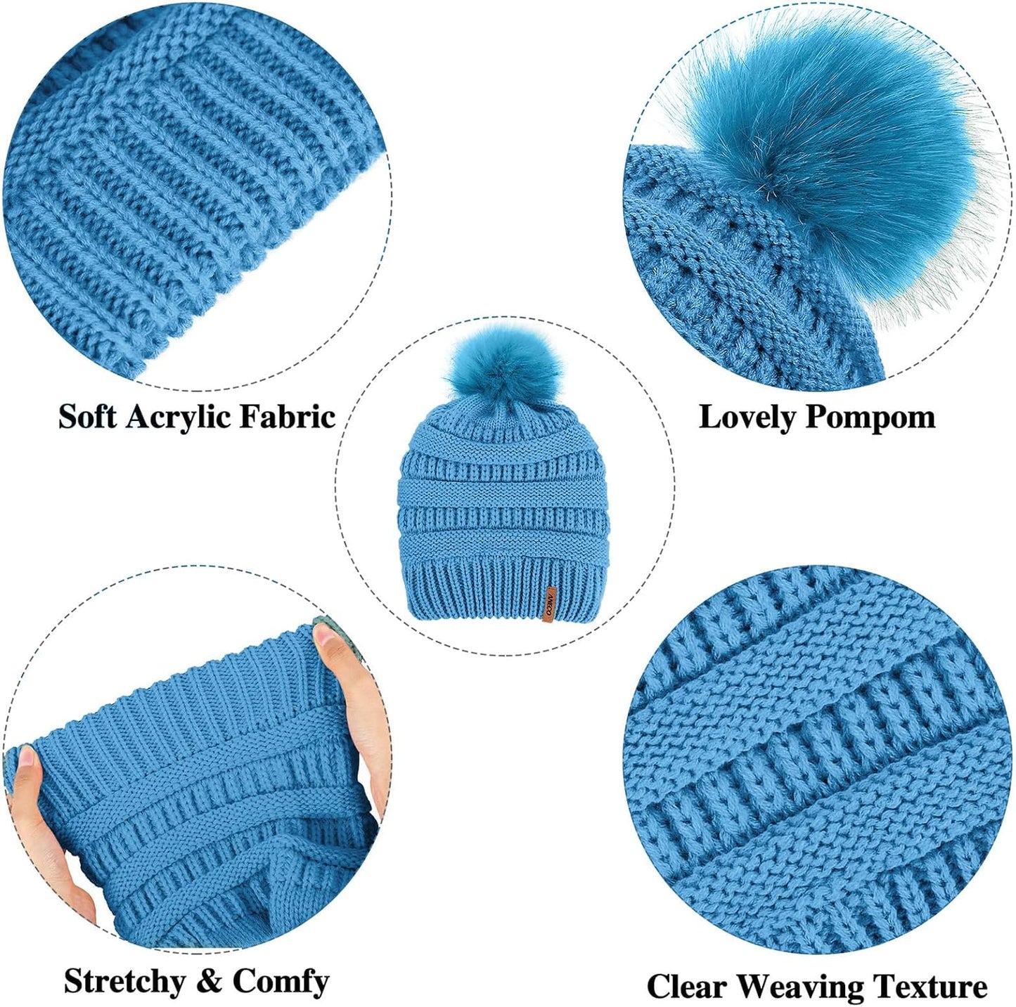 Cozy Women's Winter Warm Set: Knitted Beanie Hat with Fur Pompoms, Circle Loop Scarf & Touch Screen Gloves