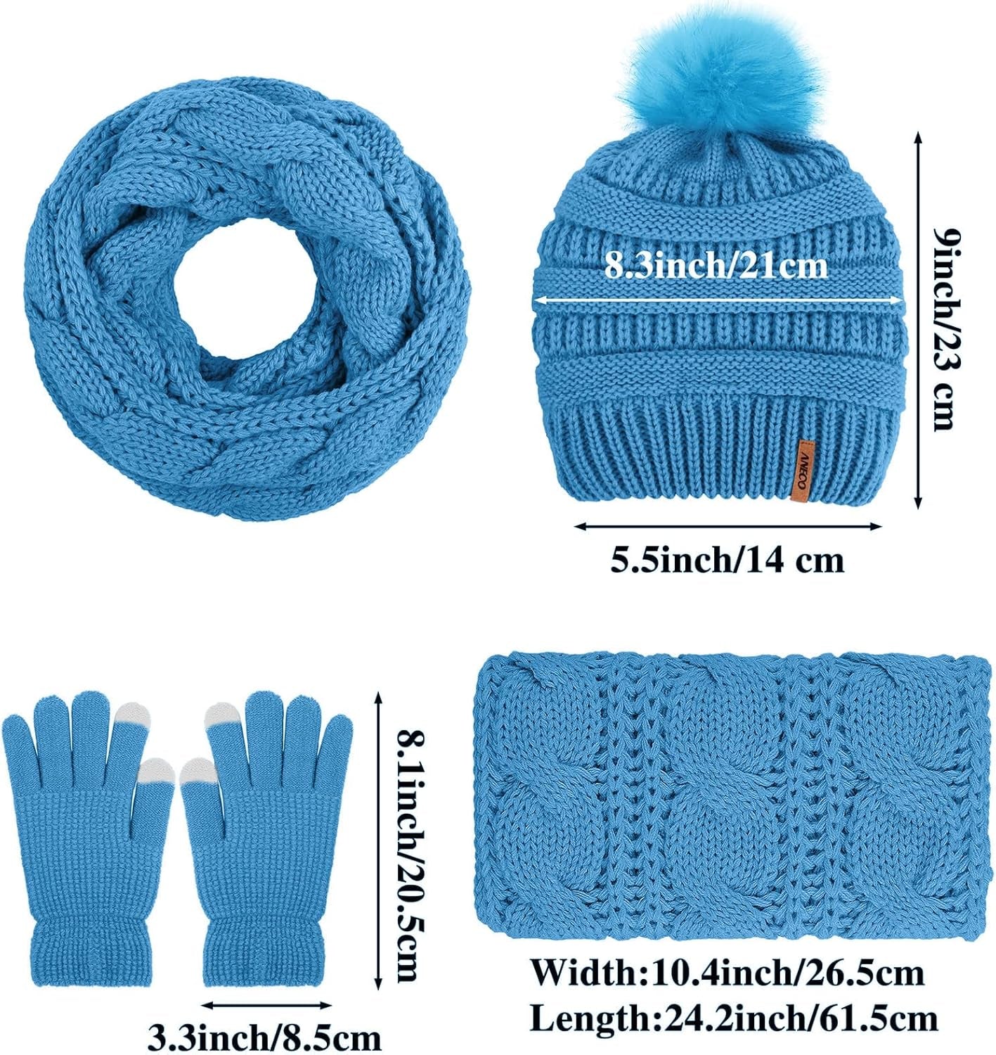 Cozy Women's Winter Warm Set: Knitted Beanie Hat with Fur Pompoms, Circle Loop Scarf & Touch Screen Gloves