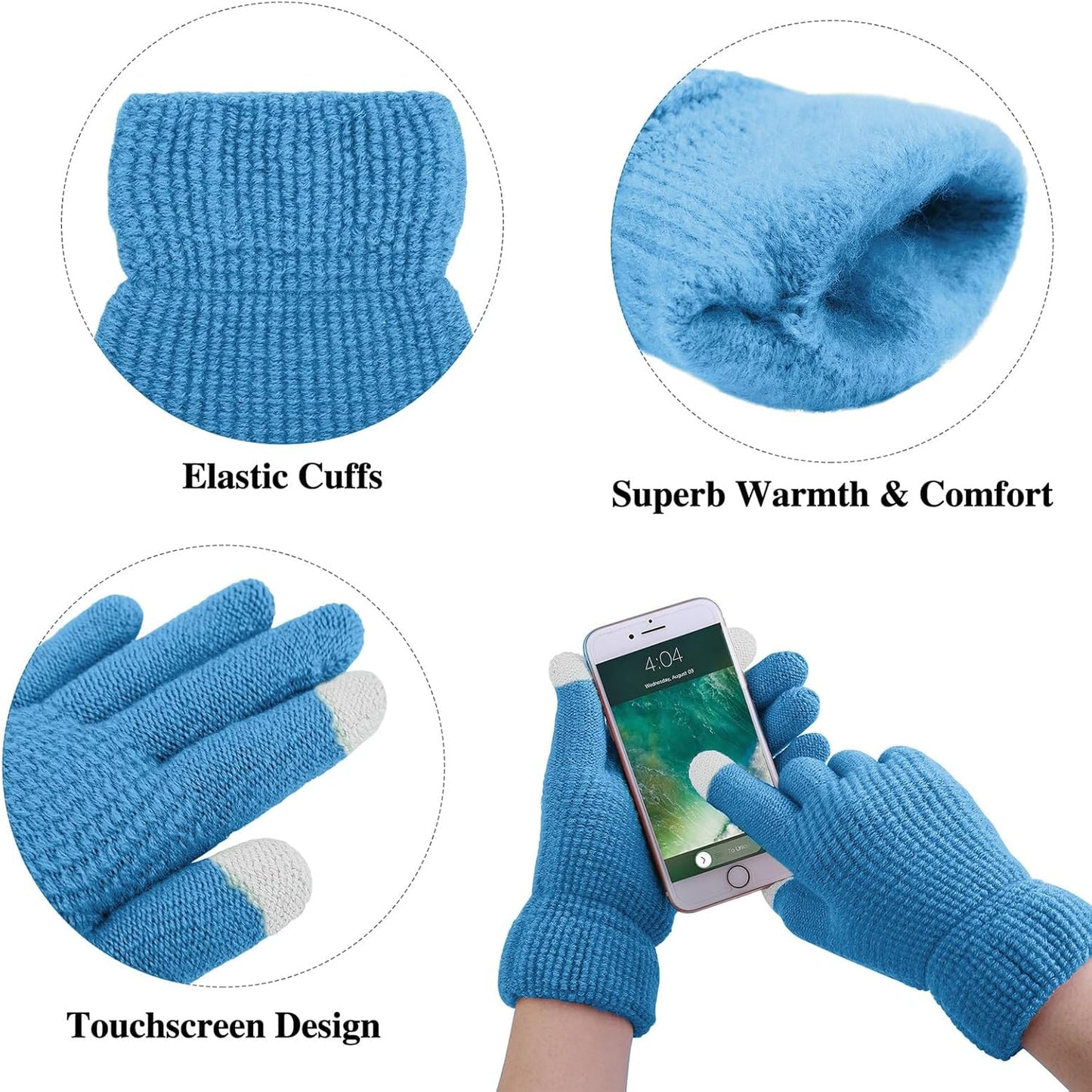 Cozy Women's Winter Warm Set: Knitted Beanie Hat with Fur Pompoms, Circle Loop Scarf & Touch Screen Gloves