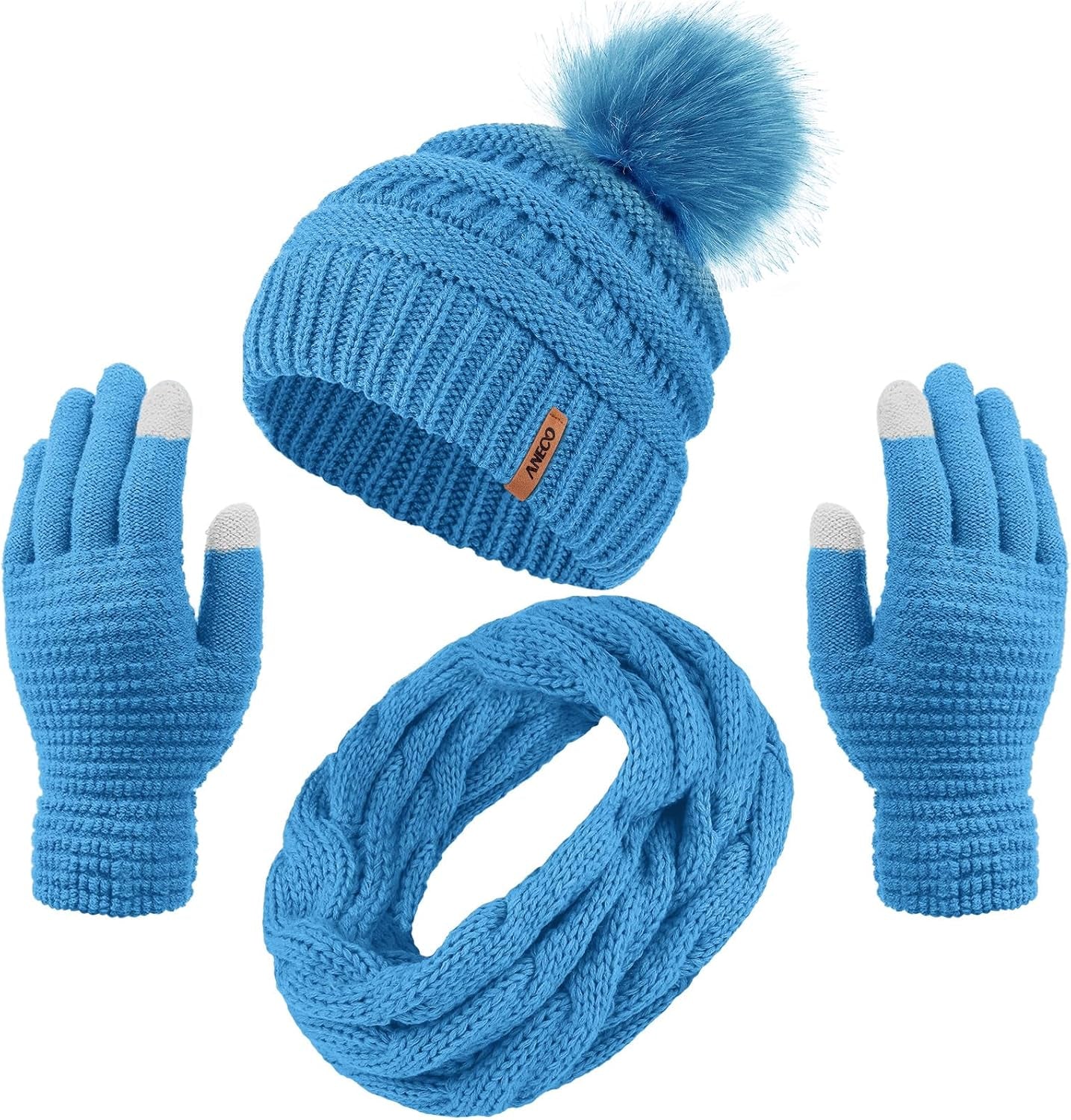 Cozy Women's Winter Warm Set: Knitted Beanie Hat with Fur Pompoms, Circle Loop Scarf & Touch Screen Gloves